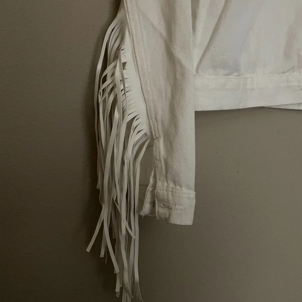 Jolene, Cropped, Fringe Denim Jacket, NWOT. - Picture 8 of 9